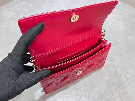 CD Pouch With Chain Cherry Red Patent Cannage Calfskin