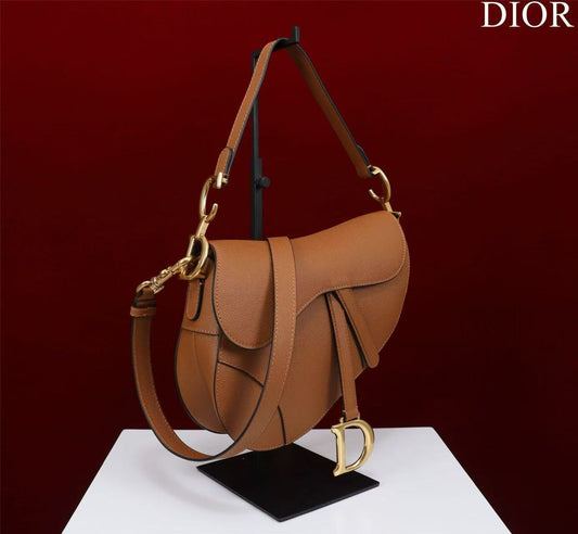CD Saddle Bag Strap Brown Gold Grained Calfskin