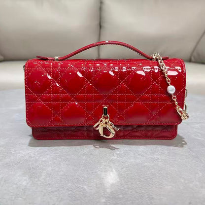 CD Pouch With Chain Cherry Red Patent Cannage Calfskin