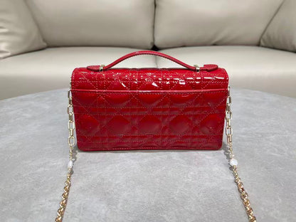 CD Pouch With Chain Cherry Red Patent Cannage Calfskin