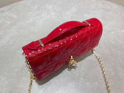 CD Pouch With Chain Cherry Red Patent Cannage Calfskin