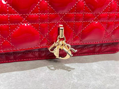 CD Pouch With Chain Cherry Red Patent Cannage Calfskin