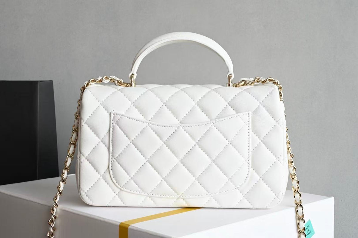Chanel Flap With Top Handle 20cm White Lambskin