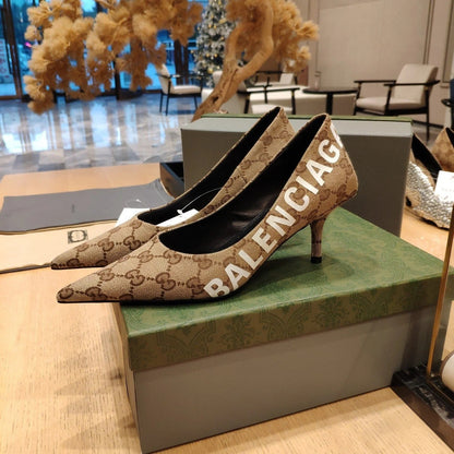 Balenciaga x GC 26s High Heel Pump Brown Beige Monogram Printed Fabric 681308