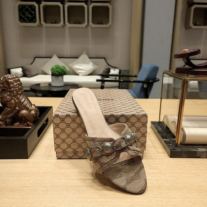 Balenciaga 26s Flat Slippers Light Brown Canvas Leather 681304
