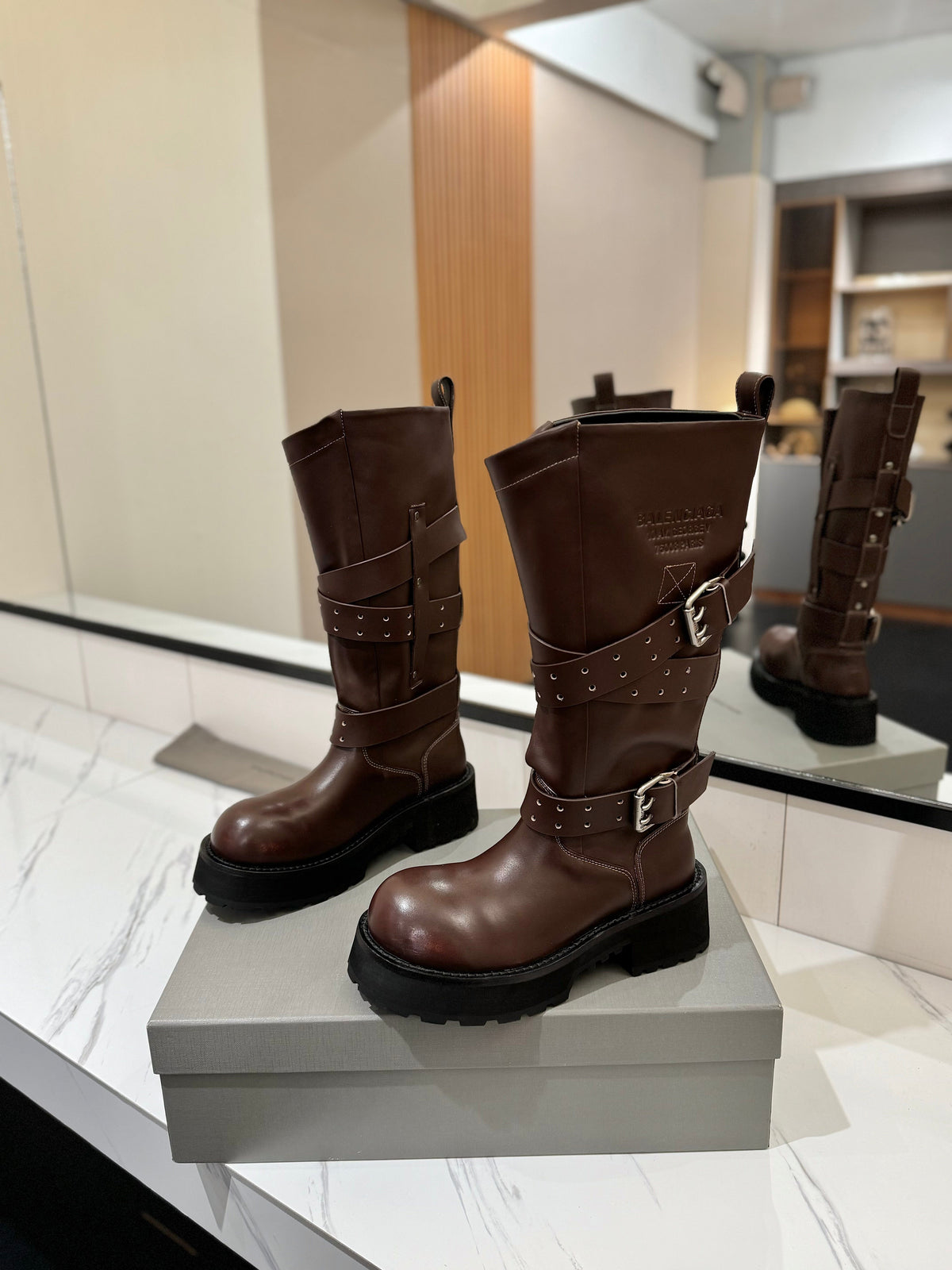 Balenciaga 25s buckled high boots brown calfskin 467612