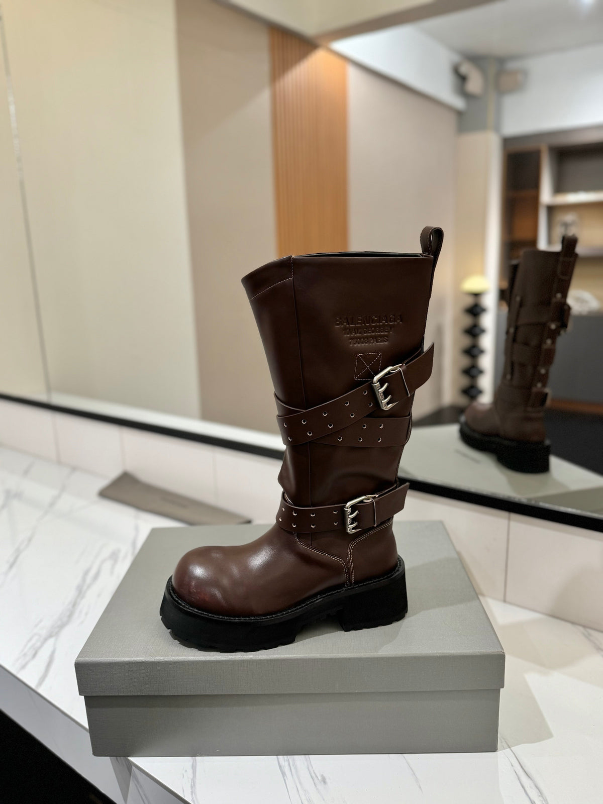 Balenciaga 25s buckled high boots brown calfskin 467612