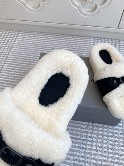 Balenciaga Classic Buckle Slippers White Black Wool 543002