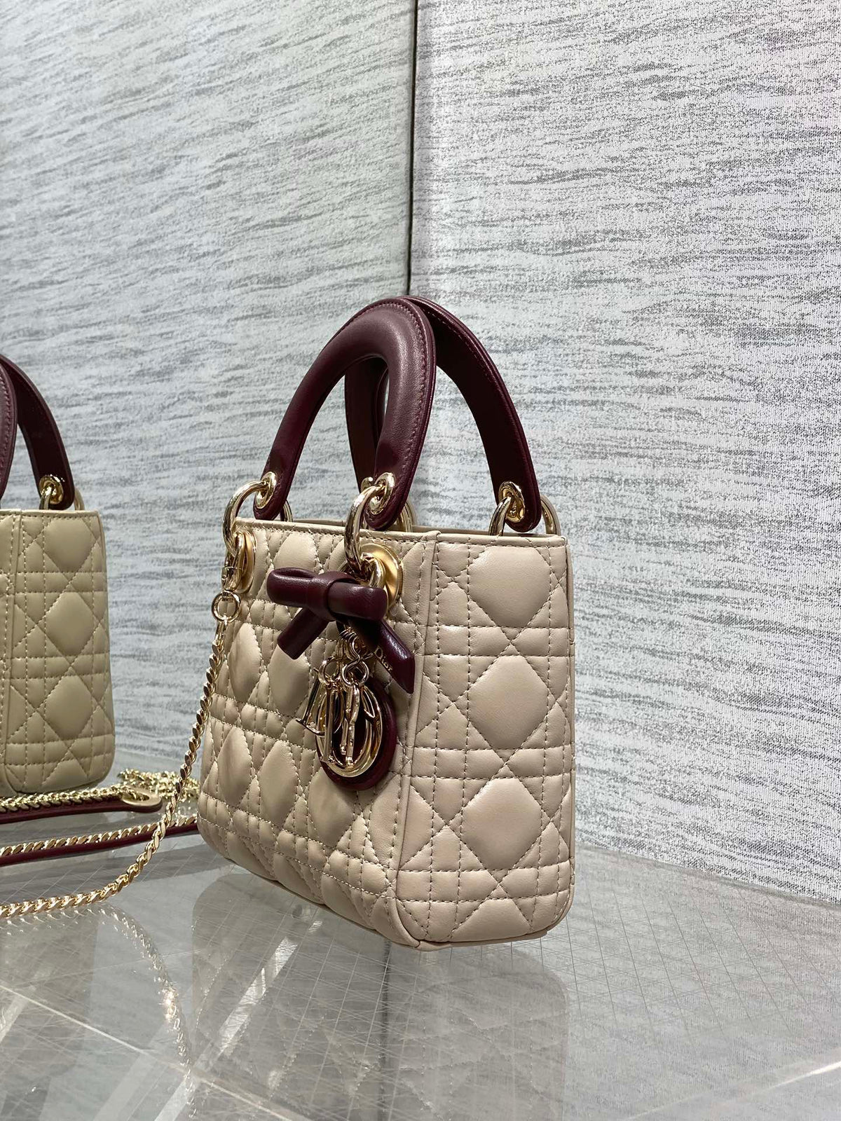 Dior 2026 Bow Lady Dior 17cm Beige Burgundy Lambskin 286583