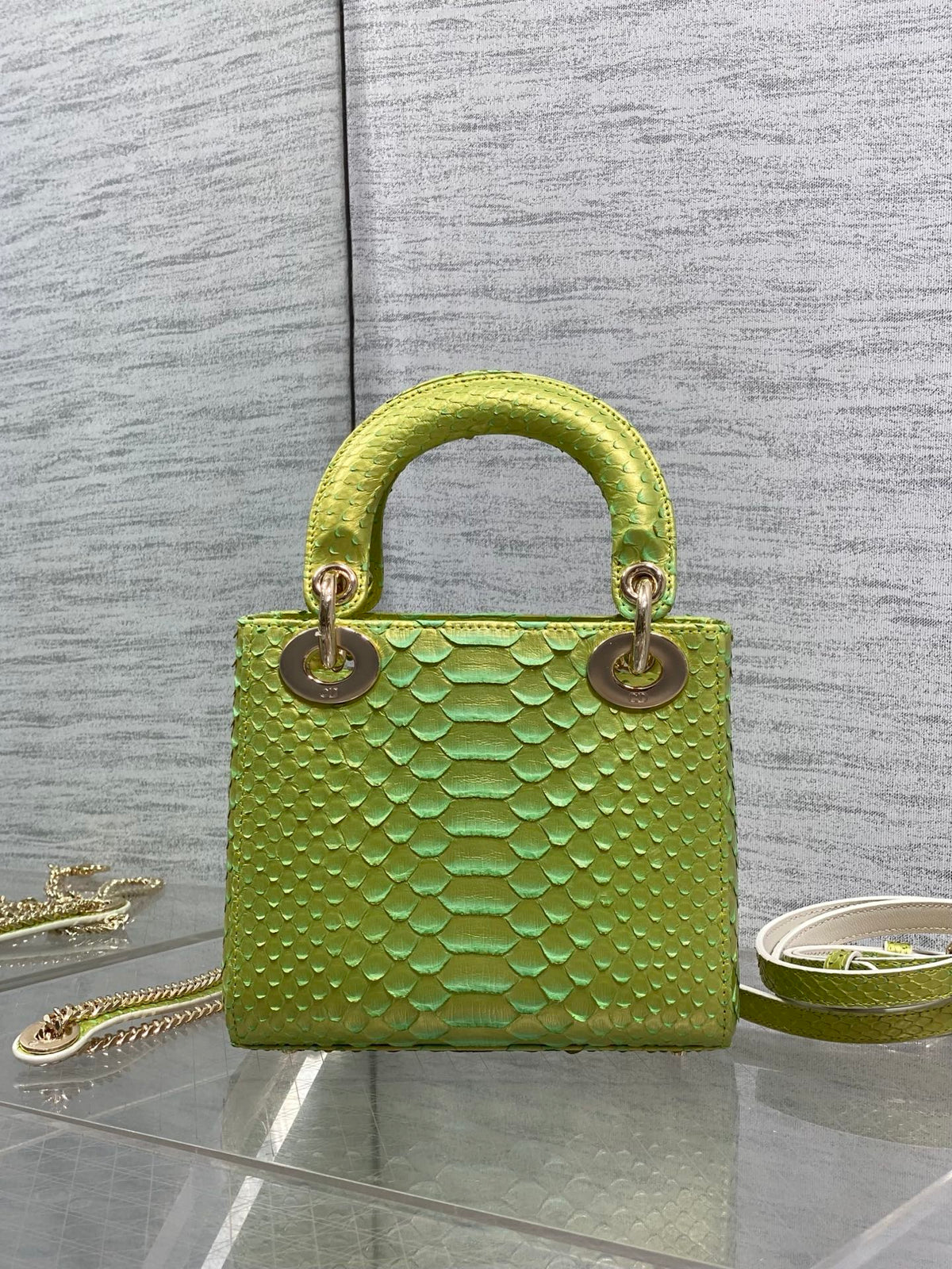 Dior 2026 Lady Embossed Snake Skin Bag 17cm Green Leather 378810