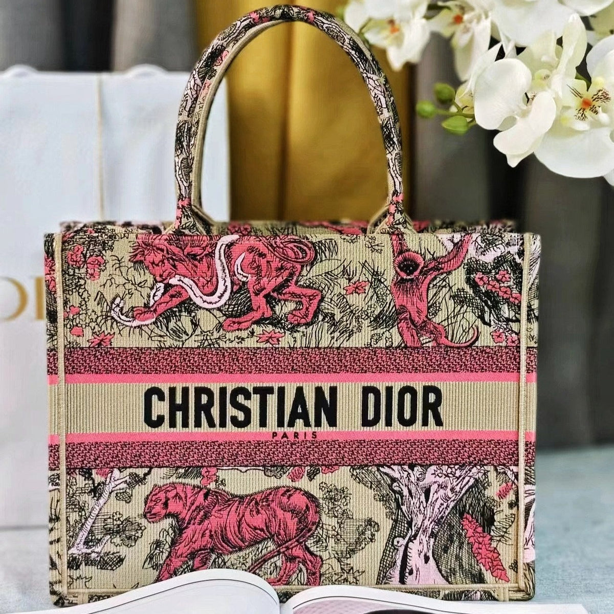 medium dioriviera 36 pink beige tiger embroidery canvas