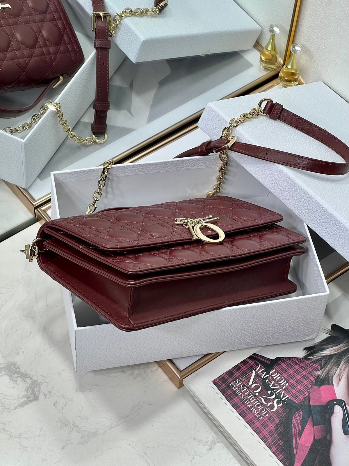 MY CD 24 TOP HANDLE BAG BURGUNDY LAMBSKIN