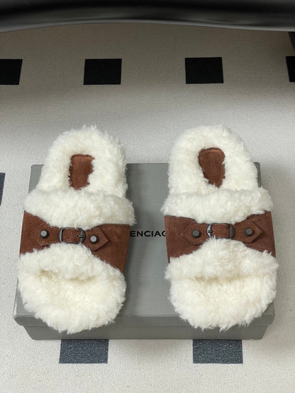 Balenciaga Classic Buckle Slippers White Red Brown Wool 535028