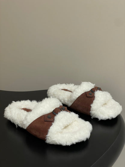 Balenciaga Classic Buckle Slippers White Red Brown Wool 535028