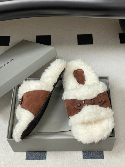 Balenciaga Classic Buckle Slippers White Red Brown Wool 535028