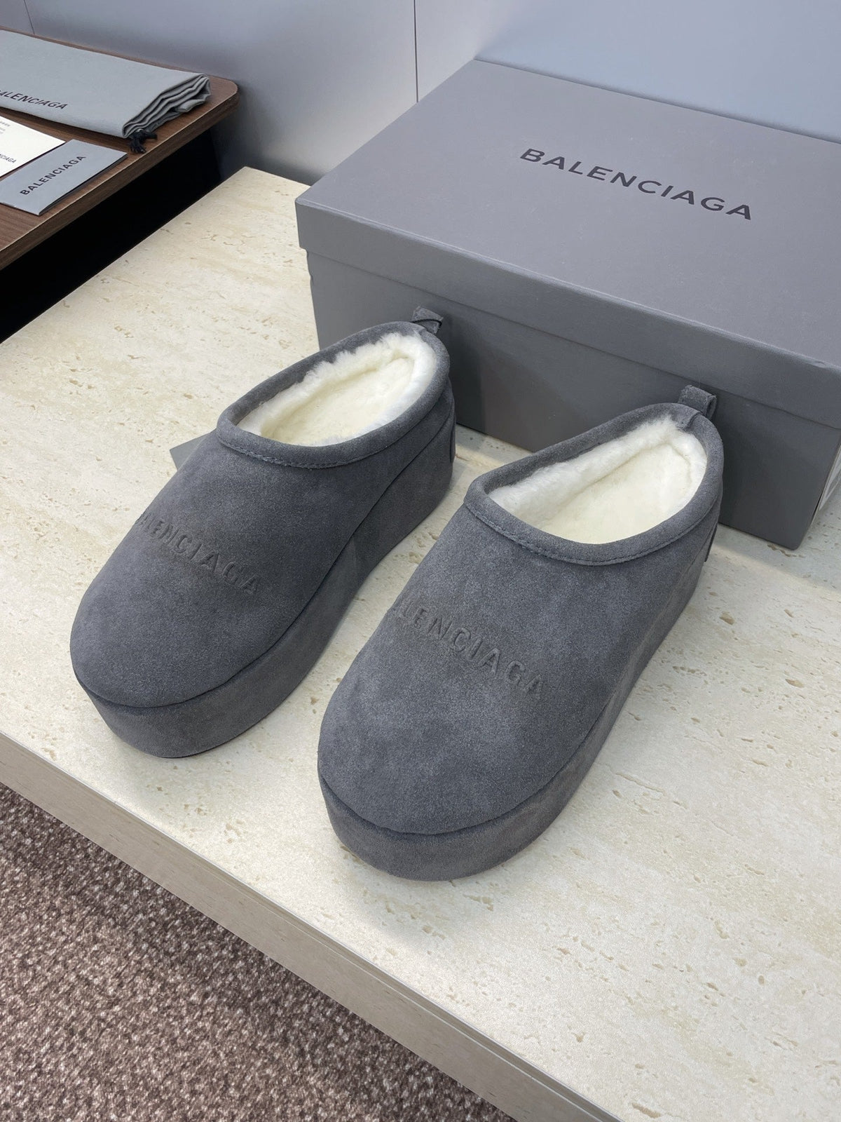 Balenciaga Alaska Slide Grey White Suede Fur 551898
